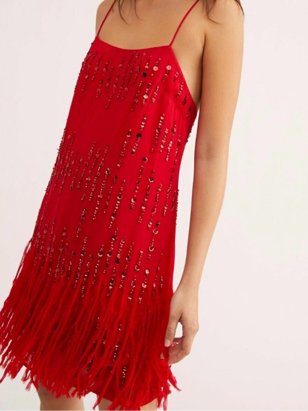 Free People Crystal Clear Sequin Fringe Mini Dress Red Size XS